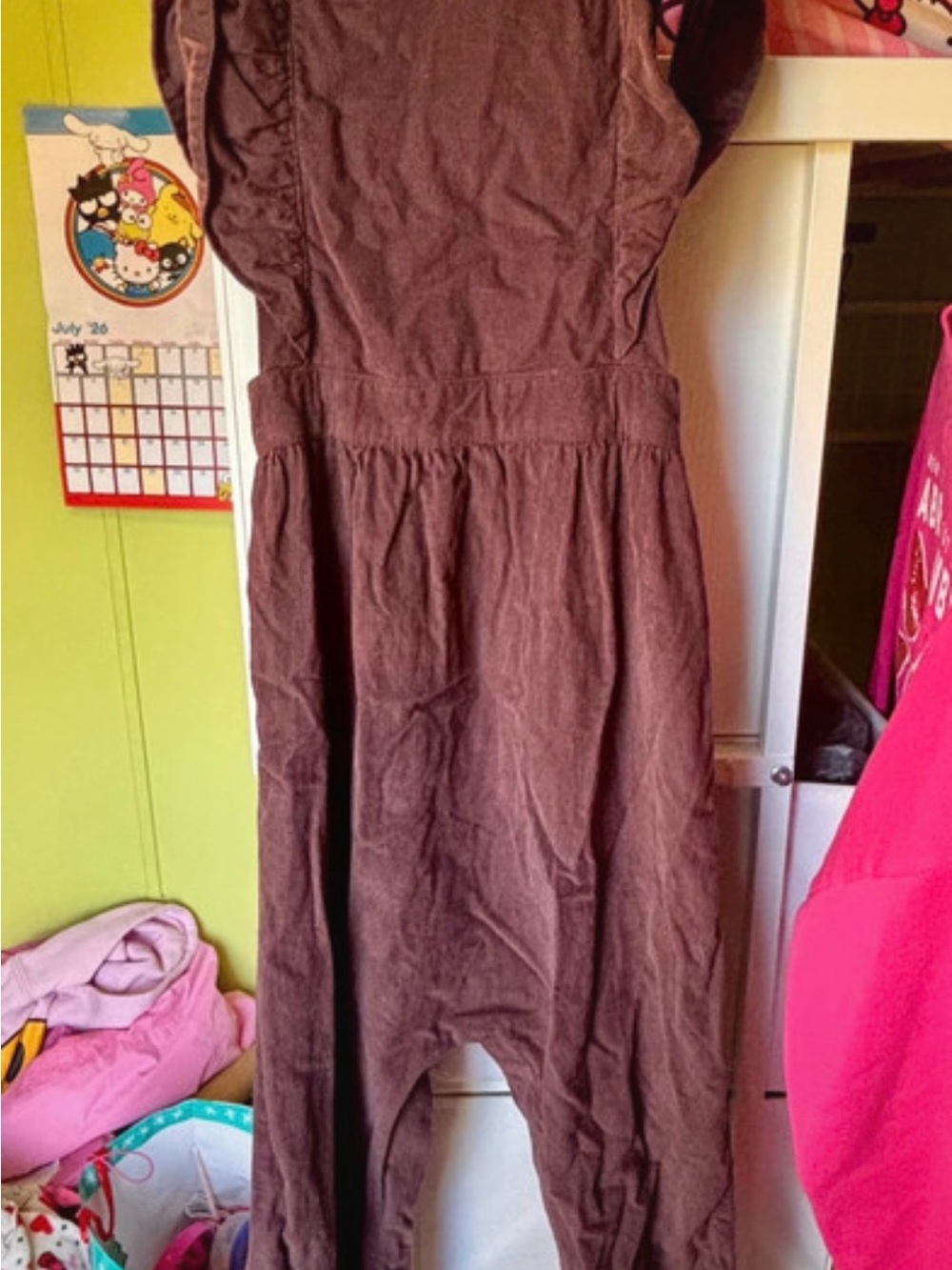 Jamie Kay plum coyduroy Ruffle Sleeve romper w/ H&M polka dot long sleeve tee.
